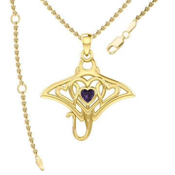 Manta ray with Triple Heart Yellow Gold Pendant With Gemstone in the Center GPD6072 - Jewelry